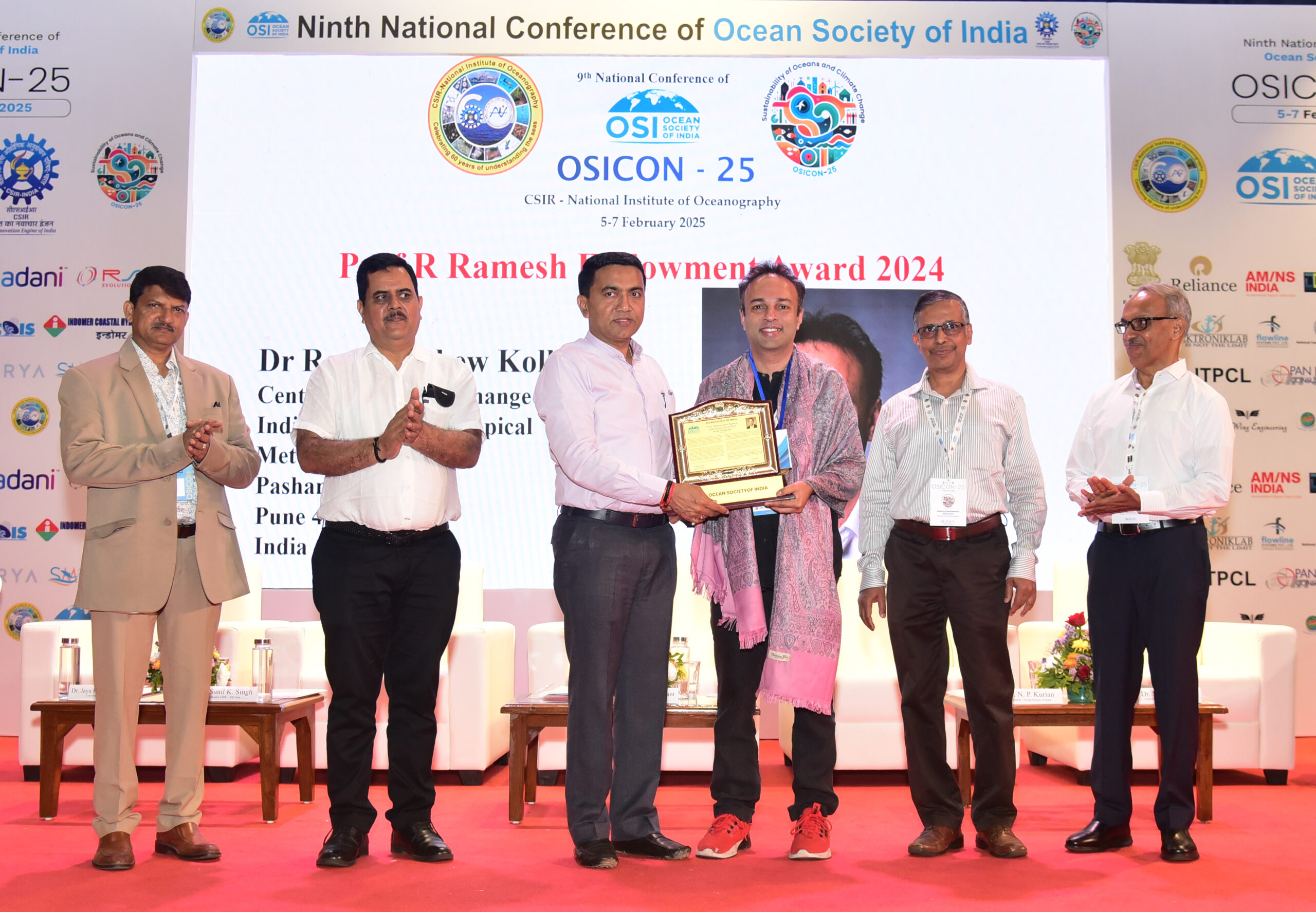 Dr. Roxy Mathew Koll received the Prof. R. Ramesh Endowment Award, instituted by the Ocean Society of India to honor outstanding contributions in climate and ocean sciences. The award was presented by Goa's Chief Minister, Pramod Sawant, at the OSICON 25 conference held at the CSIR National Institute of Oceanography (NIO), Goa, on February 5, 2025.